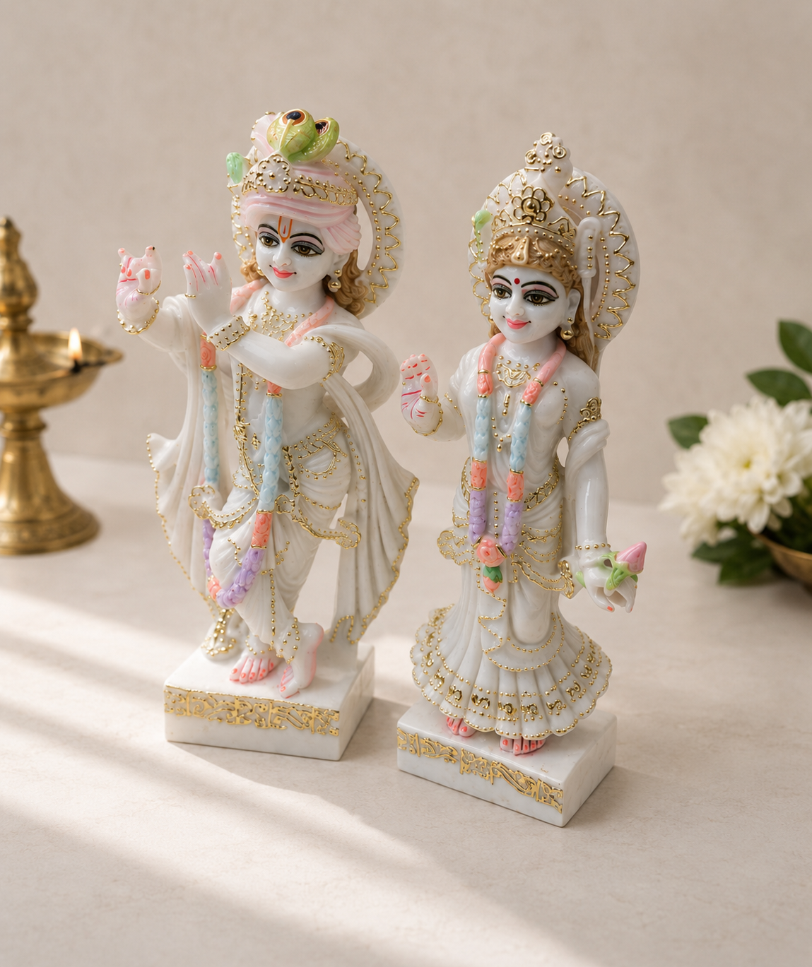 7 Inch Radha Krishna Pure Marble Murti Set | Handcrafted Krishna Radha Idol