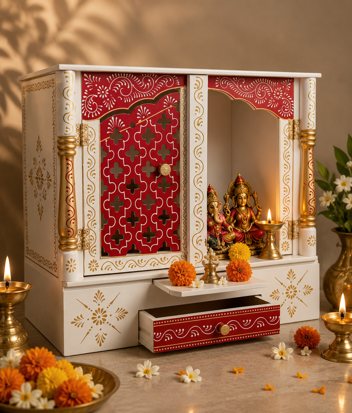 Handcrafted Wooden Home Mandir with Vibrant Red Embossed Art (45 × 40 × 25 cm)