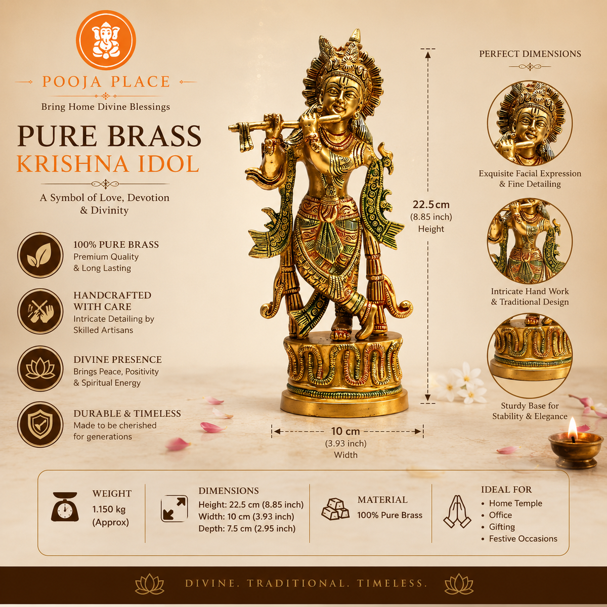 Reines Messing Krishna Idol – 22,5 cm | Premium handgefertigte Messing Murti