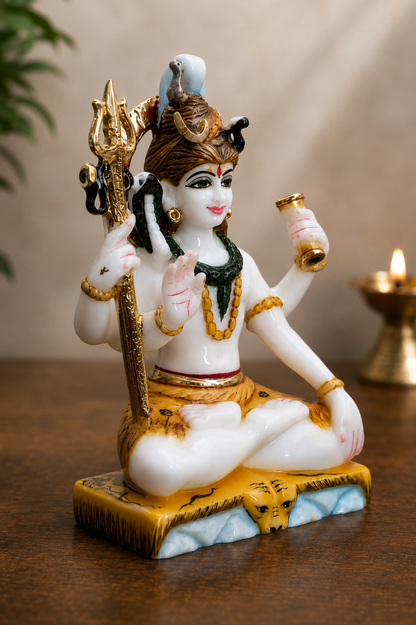 7 Inch Lord Shiv Marble Idol | Handcrafted Mahadev Murti with Trishul &amp; Damr