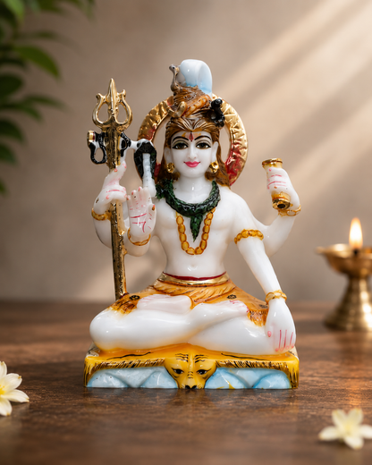 7 Inch Lord Shiv Marble Idol | Handcrafted Mahadev Murti with Trishul &amp; Damr