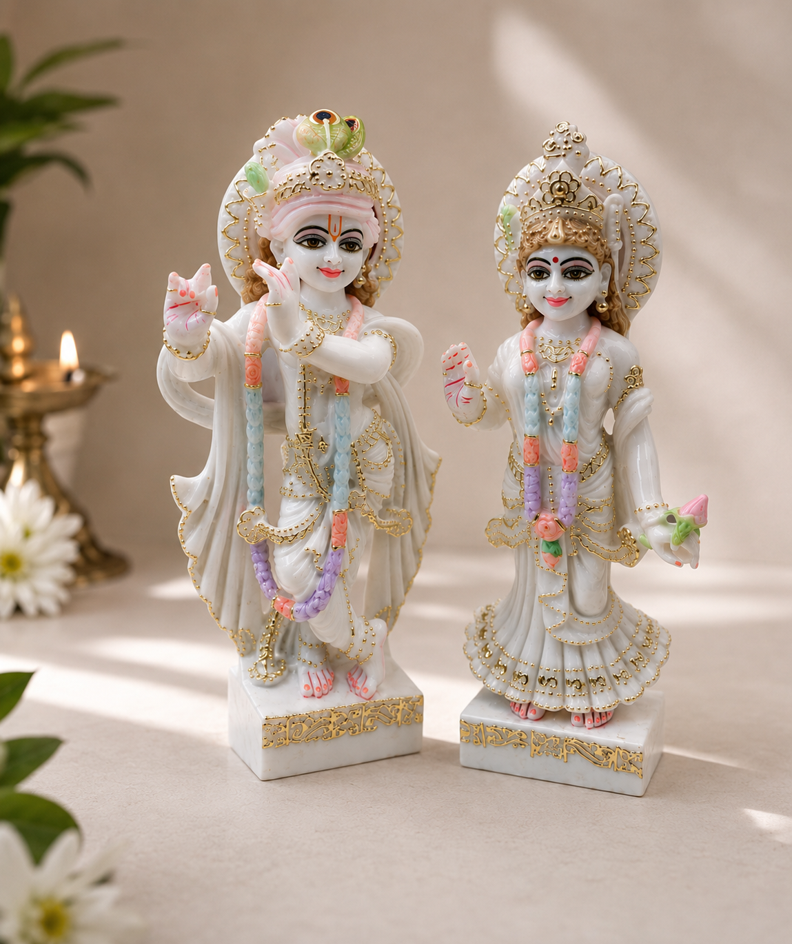7 Inch Radha Krishna Pure Marble Murti Set | Handcrafted Krishna Radha Idol