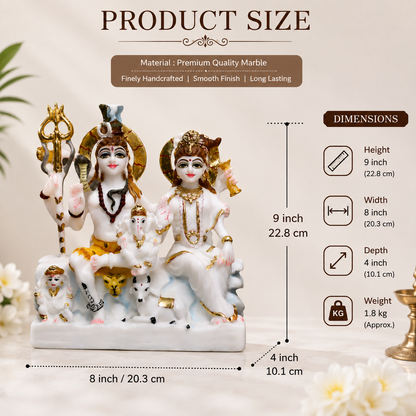 9 Inch Shiv Parivar Pure Marble Murti | Lord Shiva, Maa Parvati & Ganesh Ji