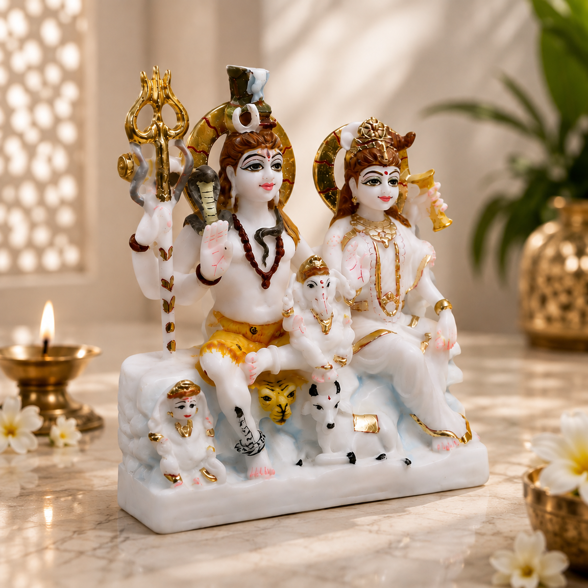 9 Inch Shiv Parivar Pure Marble Murti | Lord Shiva, Maa Parvati & Ganesh Ji