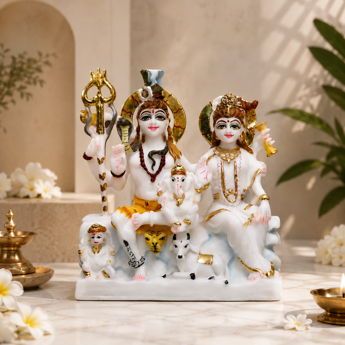 9 Inch Shiv Parivar Pure Marble Murti | Lord Shiva, Maa Parvati & Ganesh Ji