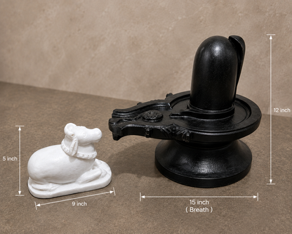 15 Inch Black Marble Shivling with Nandi | Handcrafted Shivling Murti Set