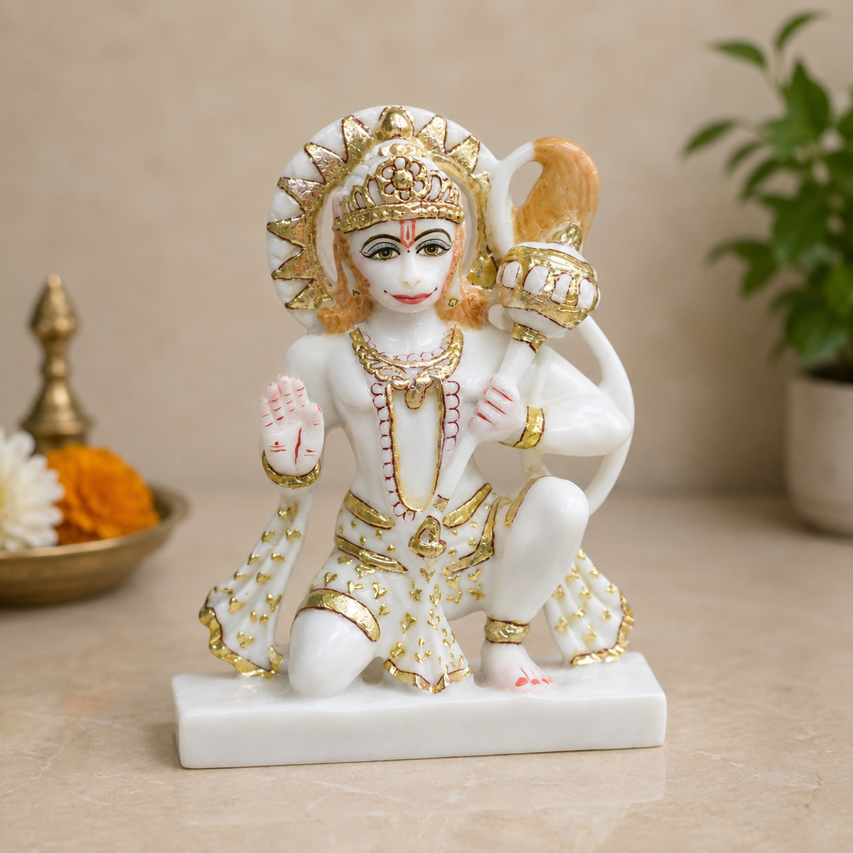 9 Inch Lord Hanuman Marble Murti | Bajrangbali with Gada