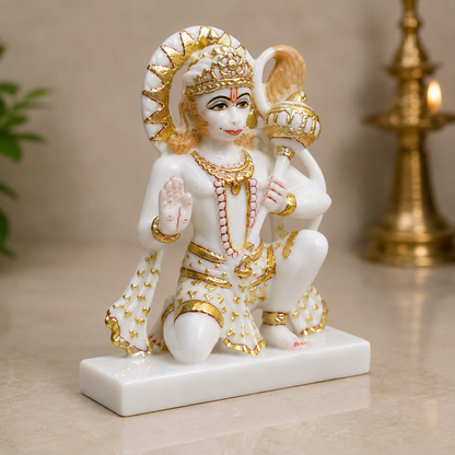 9 Inch Lord Hanuman Marble Murti | Bajrangbali with Gada