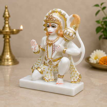 9 Inch Lord Hanuman Marble Murti | Bajrangbali with Gada