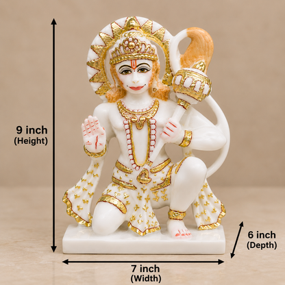 9 Inch Lord Hanuman Marble Murti | Bajrangbali with Gada