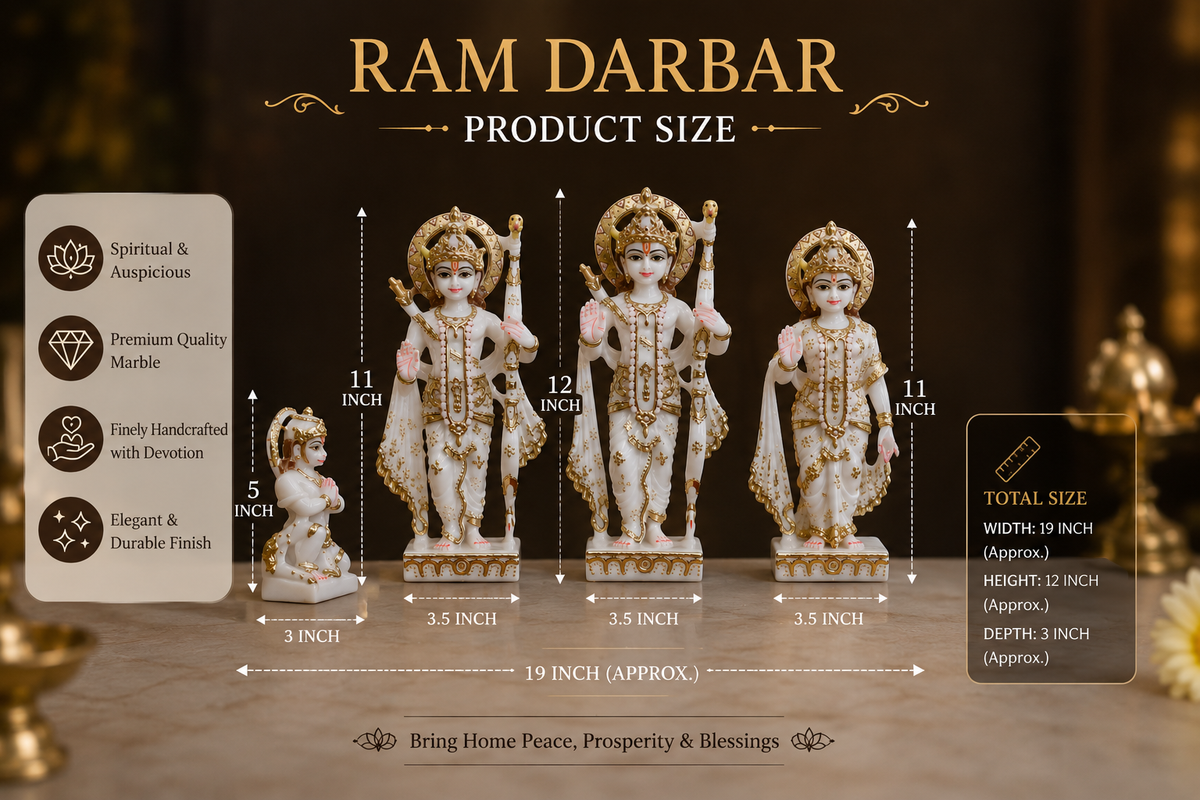 12 Inch Ram Darbar Marble Murti Set | Ram, Sita, Lakshman & Hanuman