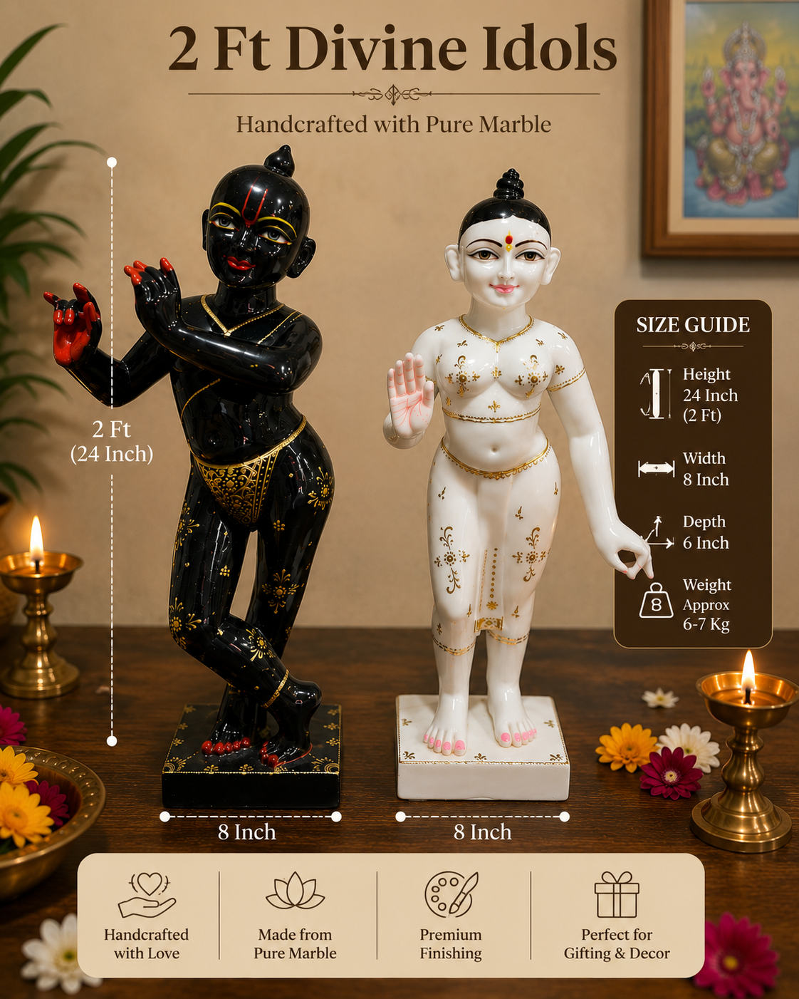 ISKCON Radha Krishna Idol Set – 2 Feet Handcrafted Pure Marble Statues