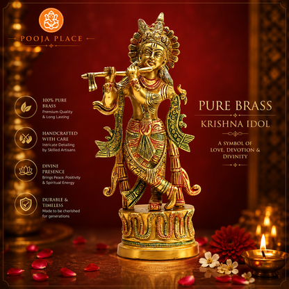 Reines Messing Krishna Idol – 22,5 cm | Premium handgefertigte Messing Murti
