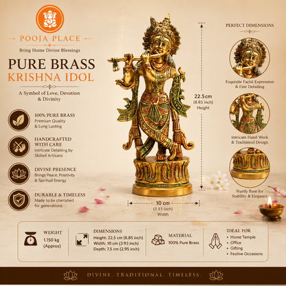 Reines Messing Krishna Idol – 22,5 cm | Premium handgefertigte Messing Murti