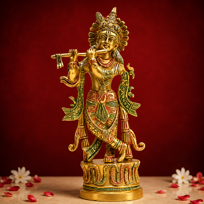 Reines Messing Krishna Idol – 22,5 cm | Premium handgefertigte Messing Murti