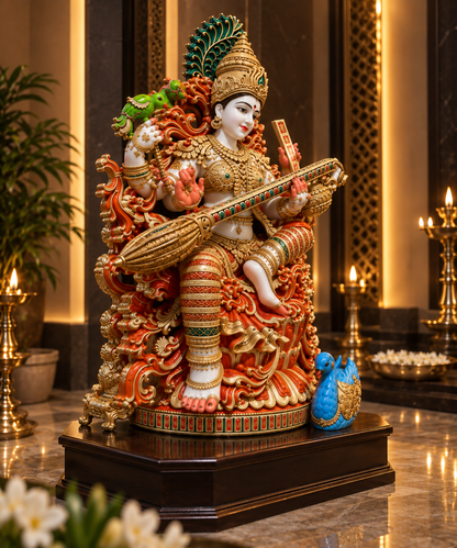 36 Inch Goddess Saraswati Marble dust Murti | Maa Saraswati Veena Statue