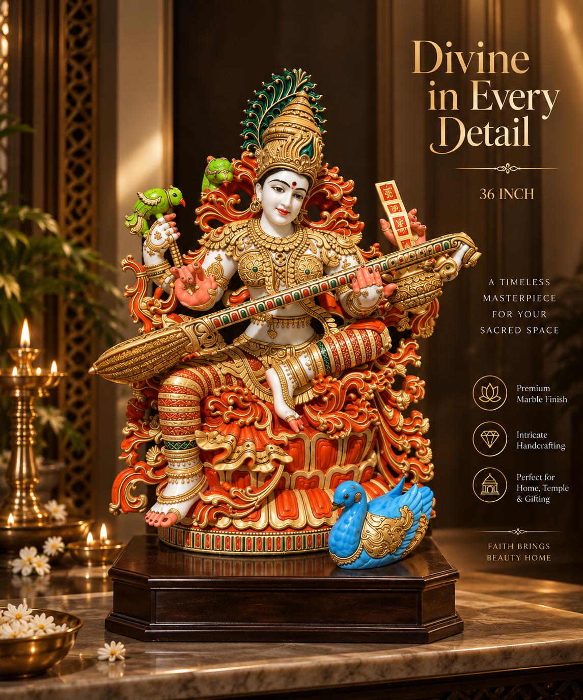 36 Inch Goddess Saraswati Marble dust Murti | Maa Saraswati Veena Statue