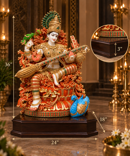 36 Inch Goddess Saraswati Marble dust Murti | Maa Saraswati Veena Statue
