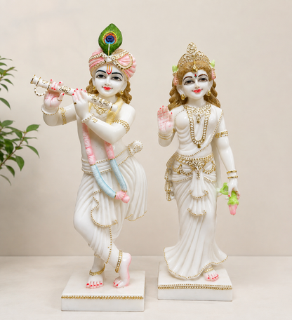 27 Inch Radha Krishna Marble Murti | White Marble Radha Krishna Idol