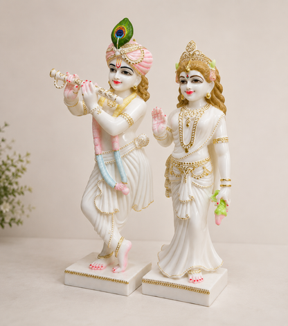 27 Inch Radha Krishna Marble Murti | White Marble Radha Krishna Idol