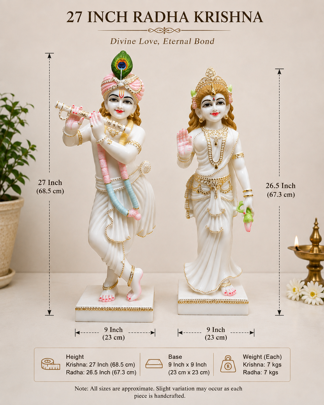 27 Inch Radha Krishna Marble Murti | White Marble Radha Krishna Idol