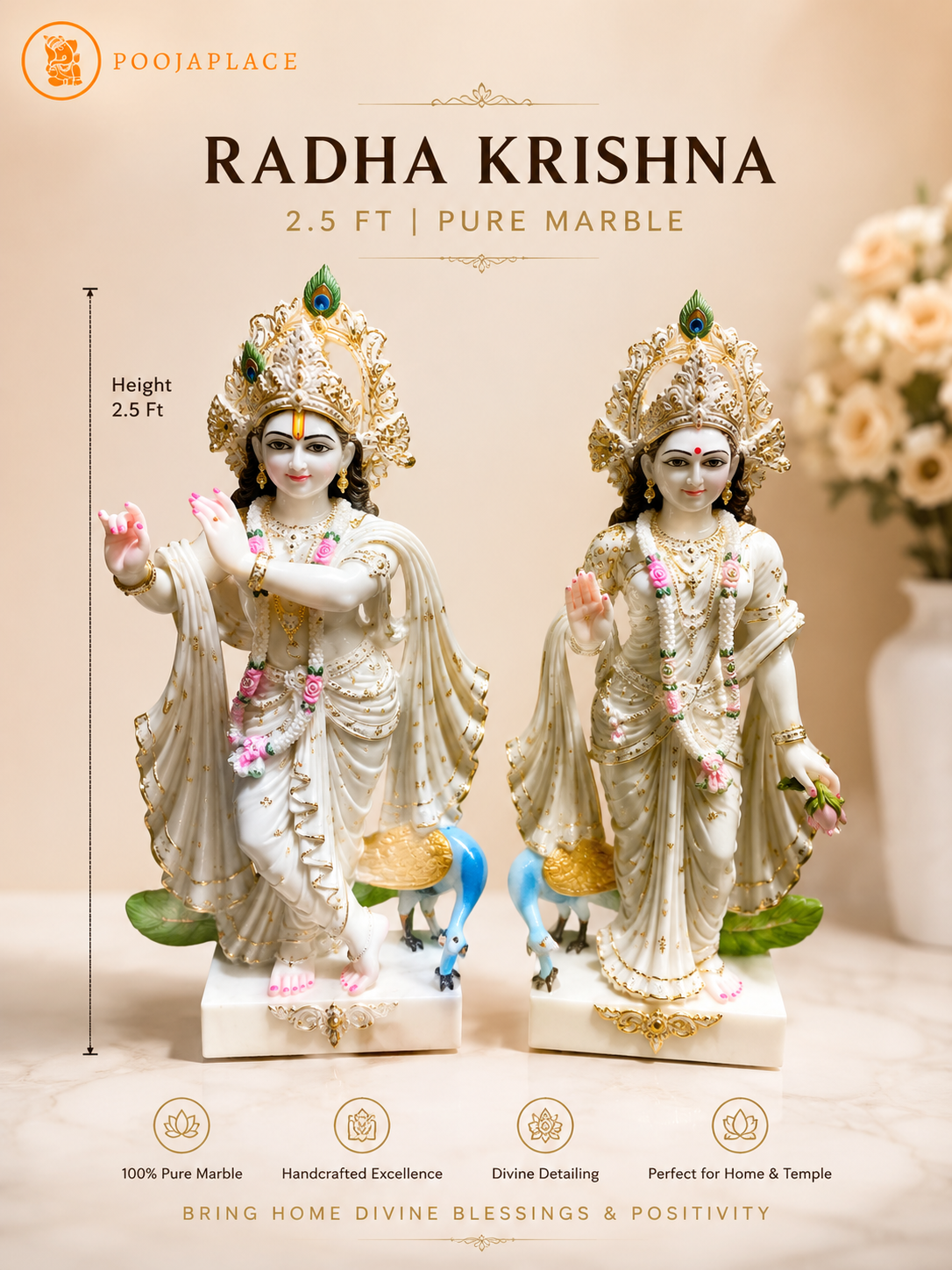 2,5 Fuß reine Marmor Radha Krishna Idol