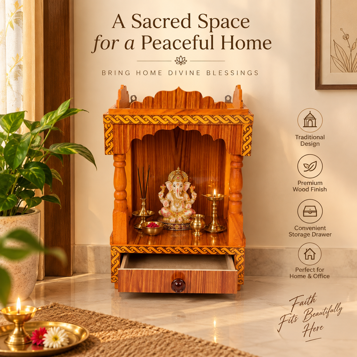 Premium Wooden Mandir for Home – Handcrafted Pooja Temple with Drawer