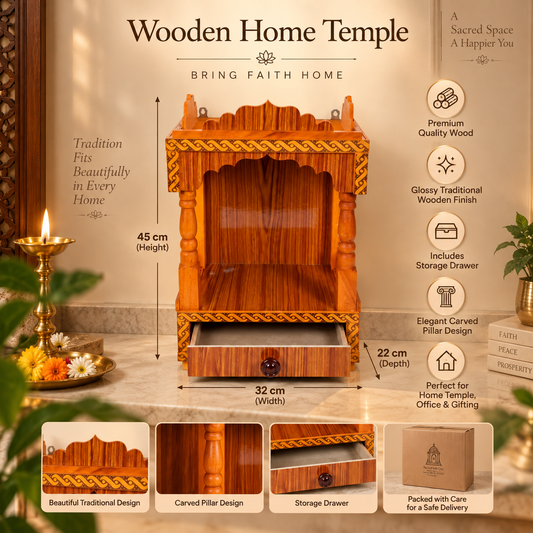 Premium Wooden Mandir for Home – Handcrafted Pooja Temple with Drawer